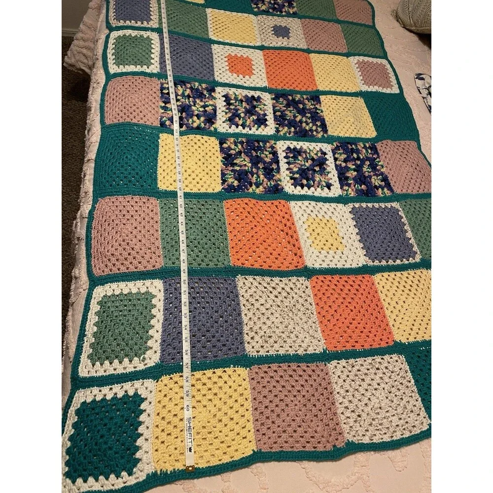 Vintage 1980s Pastel Heavy Crocheted Granny Square Throw Blanket 64x44”